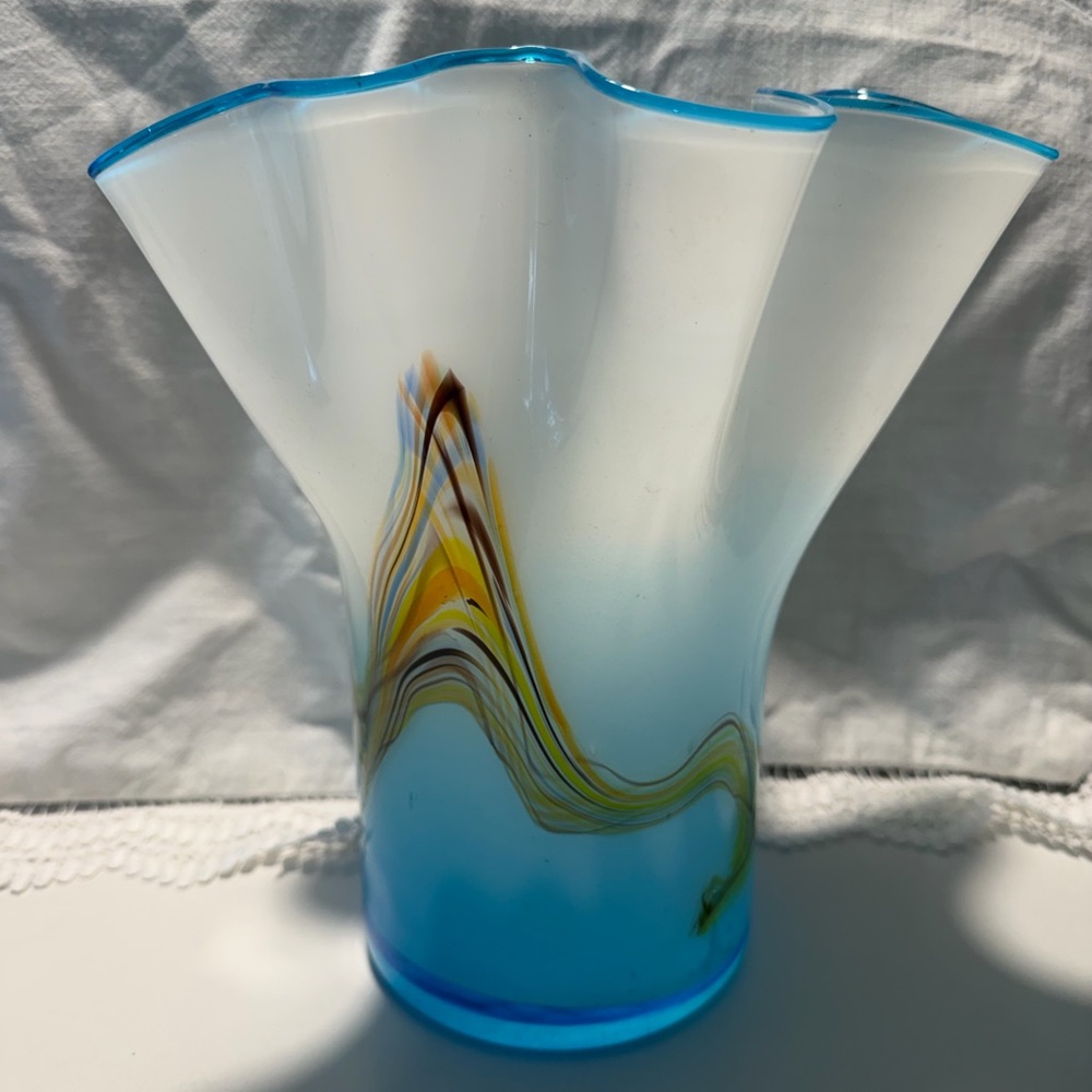 Vtg  Murano Fazzoletto Handkerchief Vase Aqua Brown Green Swirl Art Glass Italy